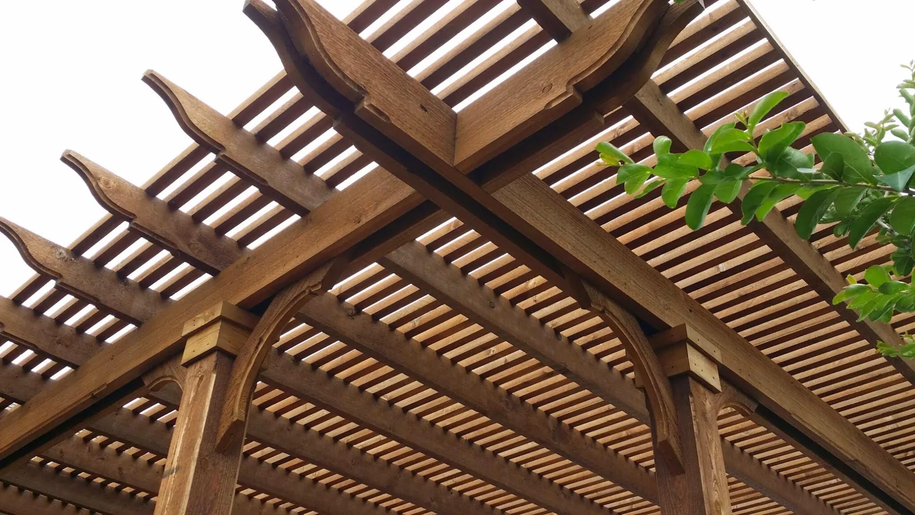 Detailed view of a wood pergola and slatted roof